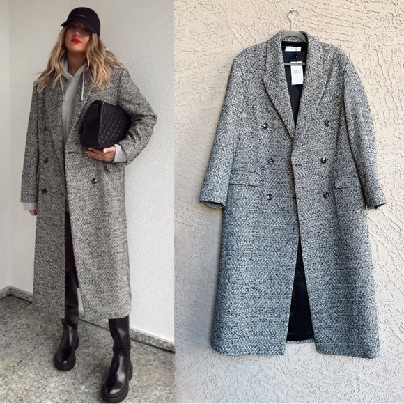 Mango Jackets & Blazers - MANGO NWT BLOGGER Gray Black Herringbone Double Breasted Long Wool Trench Coat M